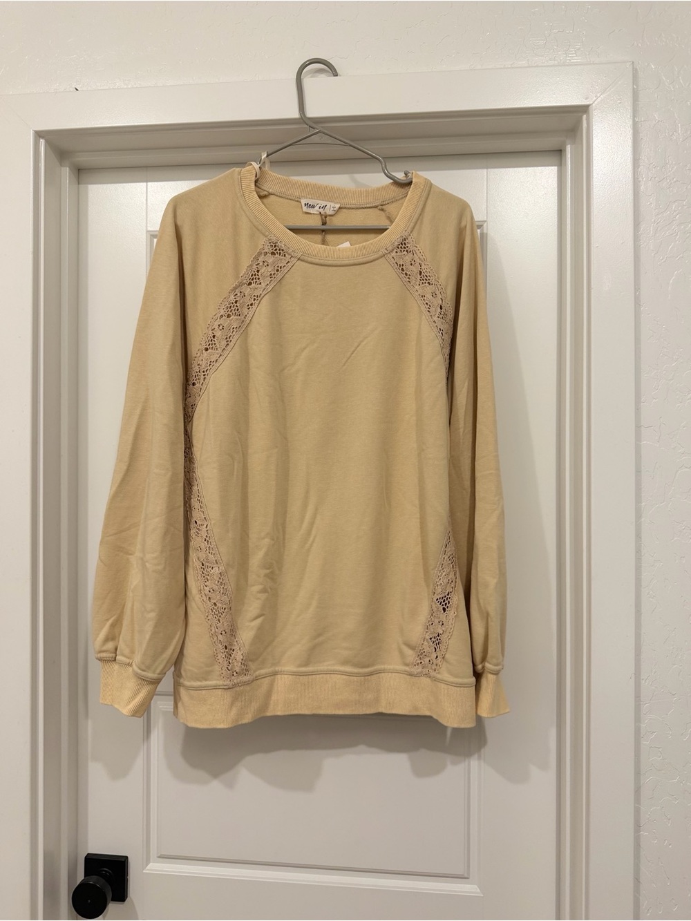 Neutral Beige Lace-Trim Crewneck Sweater - Women